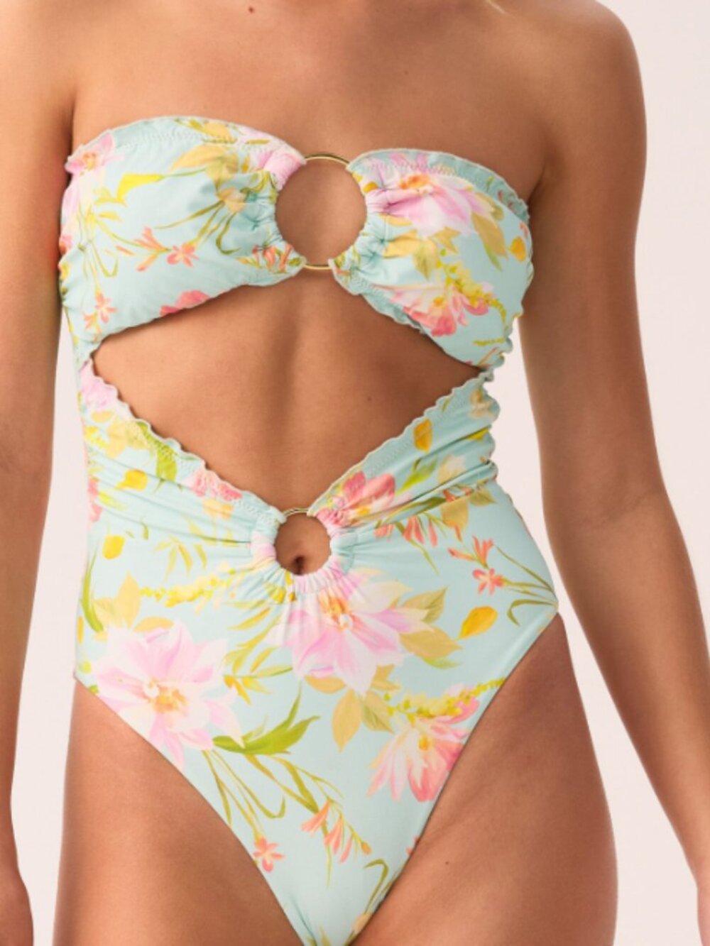 PQ Women's Petal Lettuce Edge Strapless Ring One Piece Swimsuit Size M 12987
